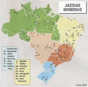 Mapa colorido das jazidas de minérios em território nacional