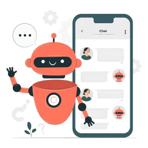 Ilustração mostra o que é o chatbot e como o chatbot funciona. Nela, um robô laranja responde às mensagens de uma cliente.