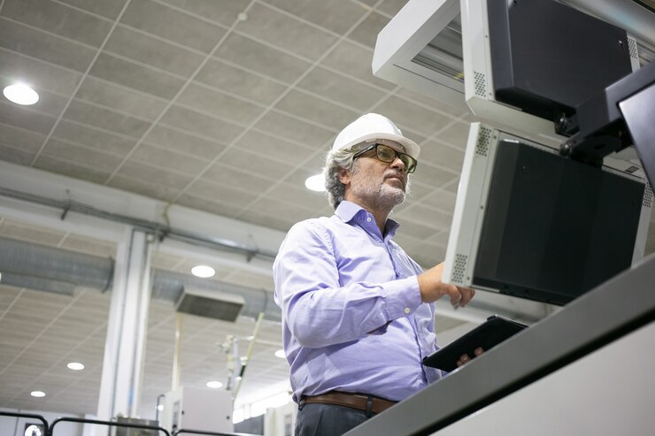 Um trabalhador mais velho em contato com um computador bem moderno, utilizado para controlar máquinas na indústria.