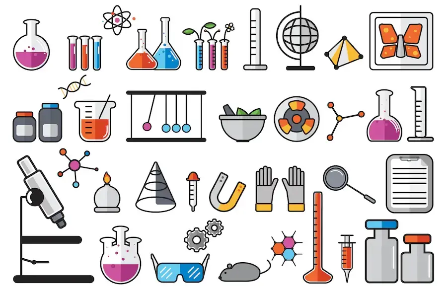 Diversos desenhos contêm relação com a química. É possível ver frascos, luvas, microscópio, elementos, óculos, etc.